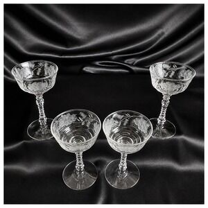 Libbey Rock Sharpe Champagne Sherbet Glasses Floral Etched 3005 Cut Stem Set 4